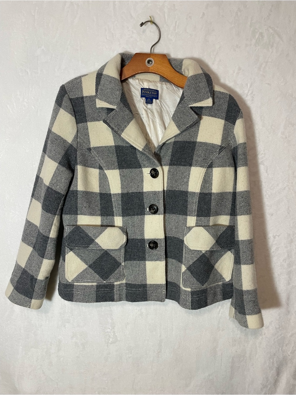 Vintage Pendleton Gray & Cream Plaid Wool-Blend Blazer